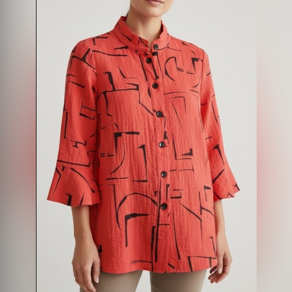 Ali Miles Tops - Ali Miles Red Printed Wire collar Button Down Top Size S Back Zipper 3/4 Sleeves